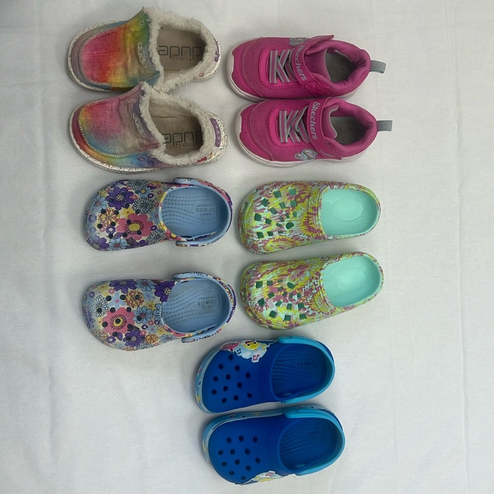 Various girls size 8 shoes, crocs, hey dude, sketchers